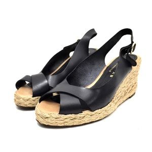 Palomitas Black Leather Platform Wedge Slingbacks